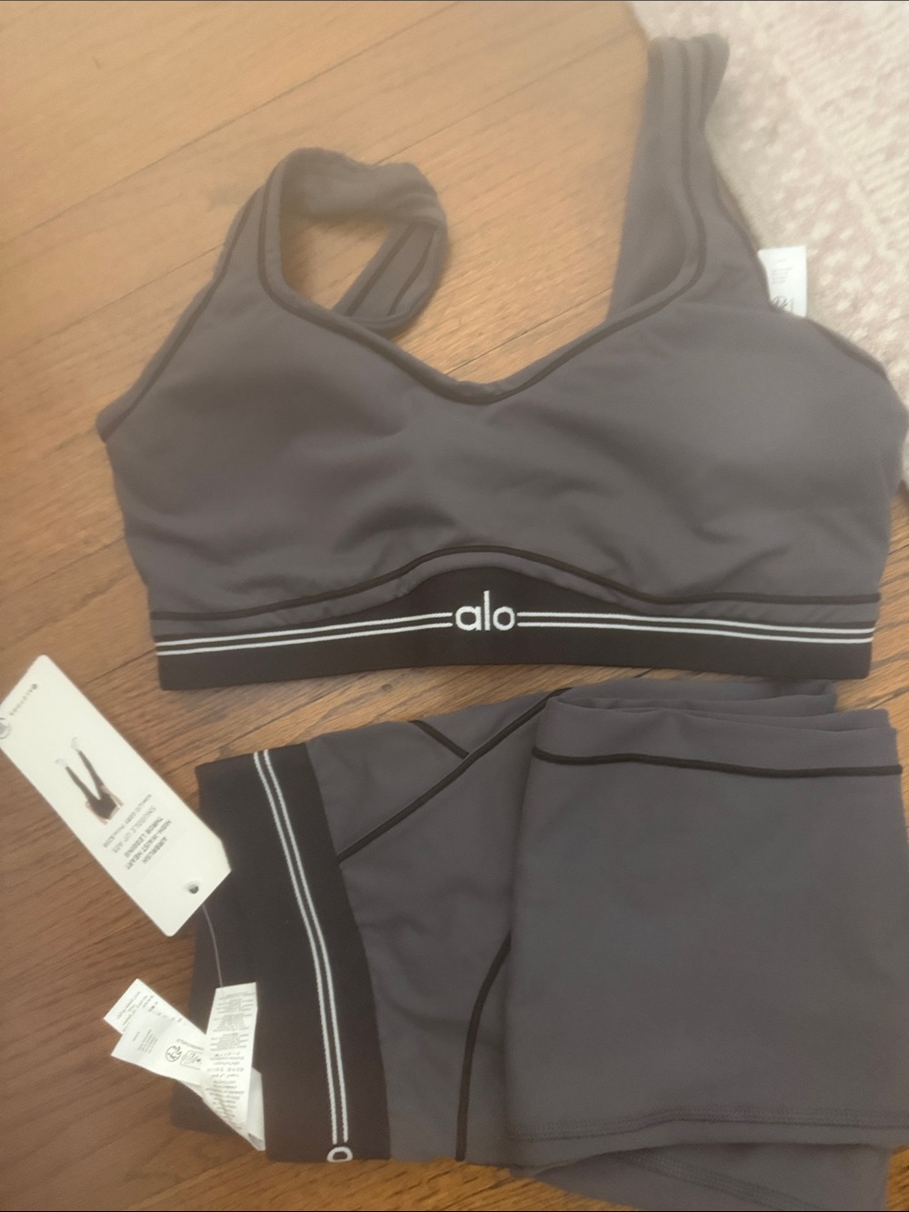 ALO Yoga Charcoal Gray Sports Bra and Shorts Set